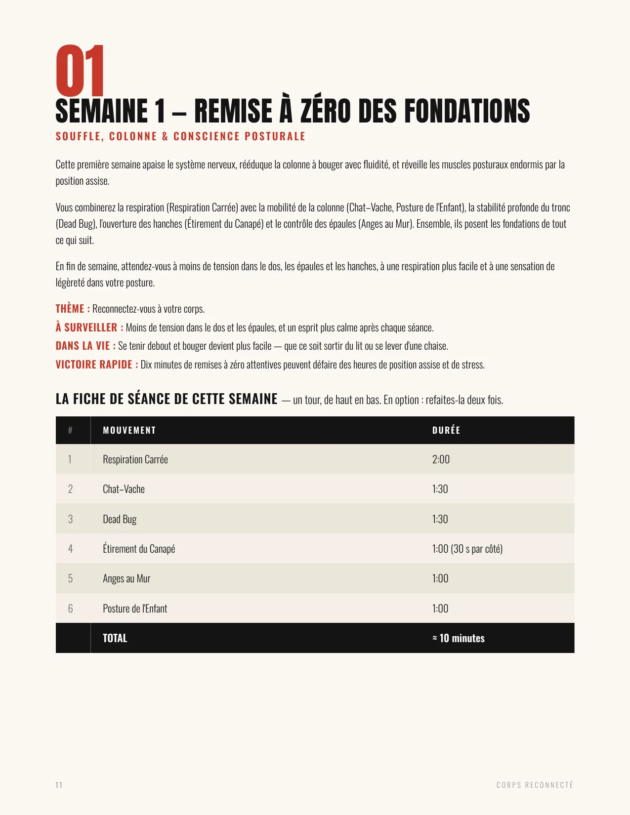 Fiche de séance de la semaine 1 de Corps Reconnecté
